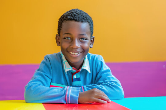 Young student is smiling while sitting at a desk in front of a colorful background