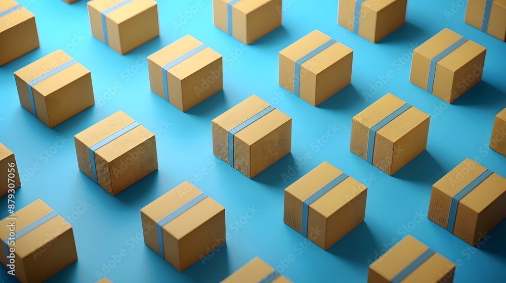 Aufkleber multiple cardboard boxes arranged in a neat grid pattern on a blue background, highlighting shipping