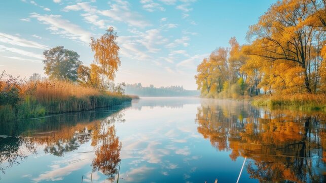 A calm river scene with a reflection of the surrounding landscape, promoting relaxation. High quality images