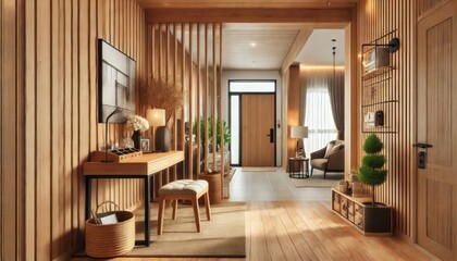 Fototapeta premium Modern Entryway with Wooden Walls and Accents.