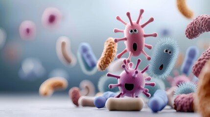 Colorful digital illustration of various bacteria and viruses under a microscope, showcasing microbiological diversity.
