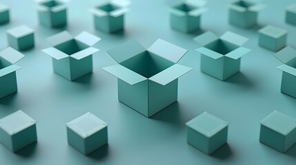 Multiple teal-colored boxes in varying sizes arranged on a smooth surface, some open and some closed, showcasing geometric patterns.