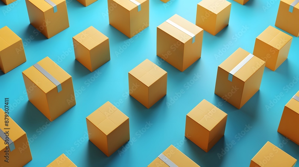 Poster numerous cardboard boxes neatly arranged in a grid pattern on a blue background, signifying organiza
