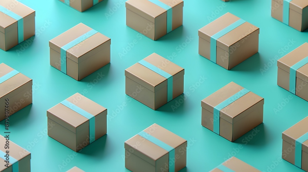 Aufkleber pattern of neatly arranged cardboard boxes on a teal background, ideal for e-commerce and shipping c