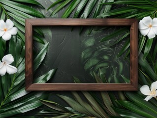 Obraz premium Wooden frame surrounded by tropical leaves and white flowers on a dark background, ideal for natural-themed presentations.