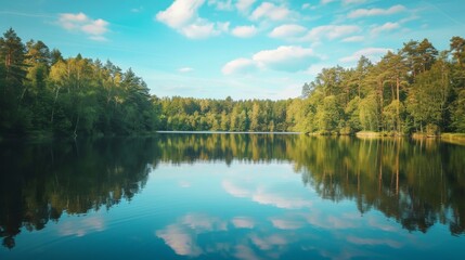 Fototapeta premium A calm lake with a reflection of the surrounding trees and sky, promoting outdoor relaxation. High quality images
