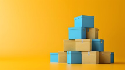 Fototapeta premium Stack of blue and yellow cardboard boxes neatly arranged against a vibrant yellow background, symbolizing organization and storage.