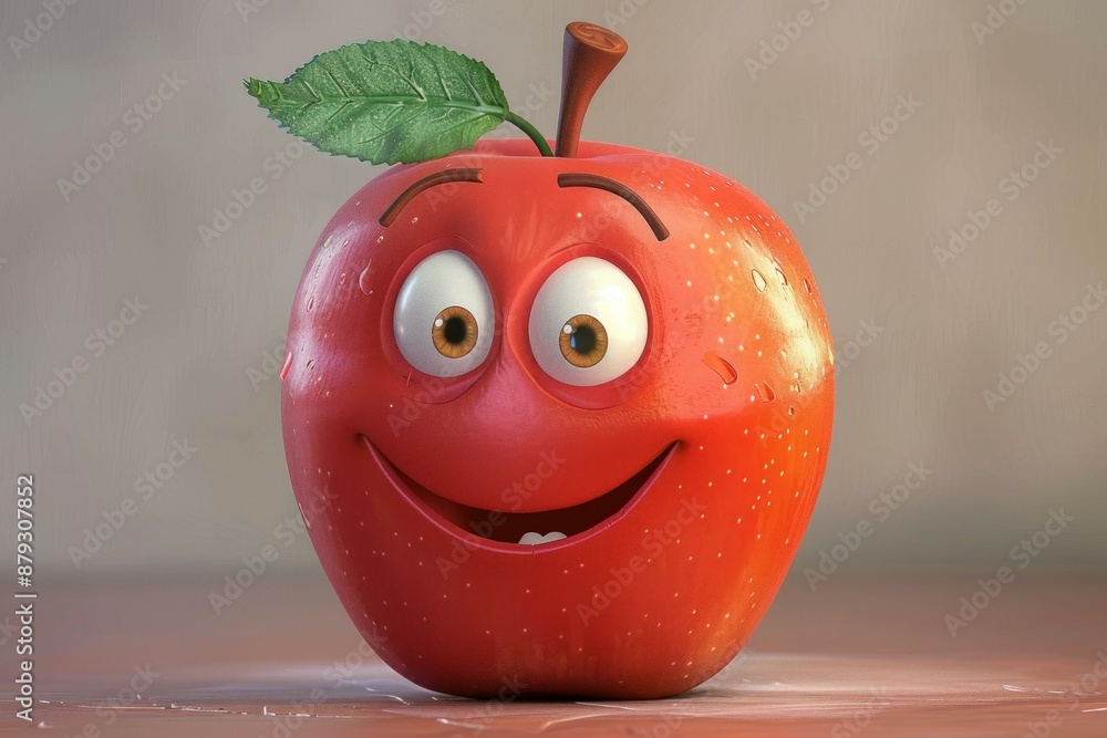 Poster 3d rendering of a red apple character smiling with a friendly expression