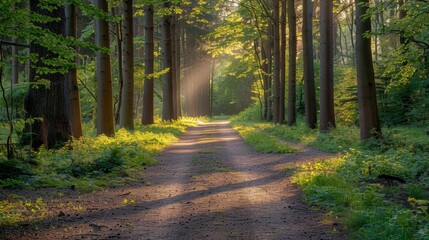 Obraz premium A peaceful forest trail with sunlight filtering through the trees, perfect for outdoor exercise. High quality images
