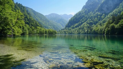 A serene mountain lake with clear water and surrounding trees, ideal for outdoor activities. High quality images