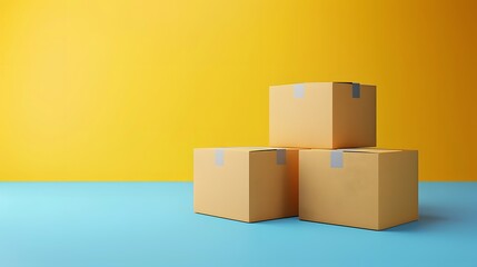 Fototapeta premium Three stacked cardboard boxes on a colorful blue and yellow background, representing delivery, shipping, and packaging concepts.