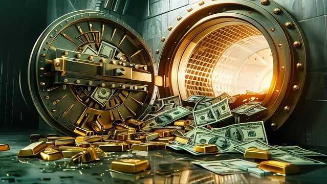A vault overflowing with gold bars and cash