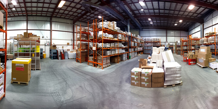 Huge distribution warehouse with high shelves.

