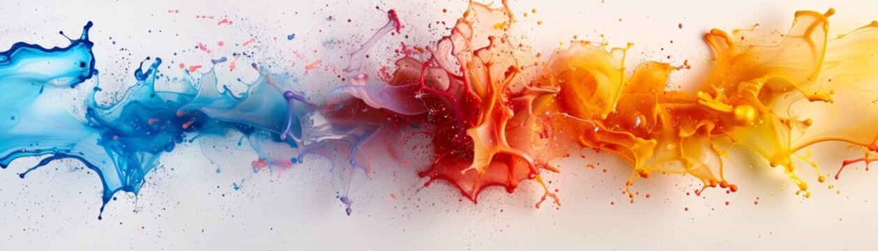 Vibrant color splashes colliding and blending on a white background, creating a dynamic abstract art piece capturing movement and energy.