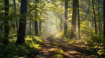 Obraz premium A tranquil forest path with sunlight streaming through the trees, perfect for outdoor walks. High quality images
