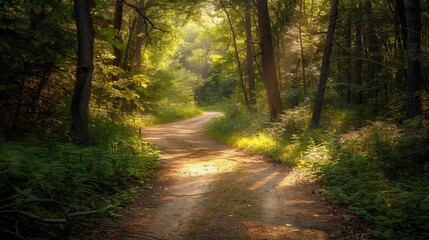Obraz premium A tranquil forest path with sunlight streaming through the trees, perfect for outdoor walks. High quality images