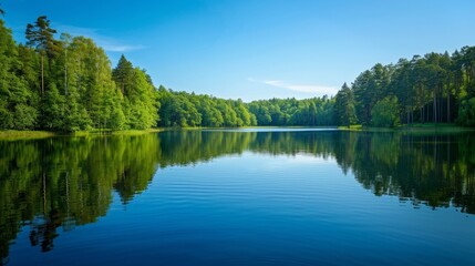 A calm lake with a reflection of the surrounding trees and sky, promoting outdoor relaxation. High quality images