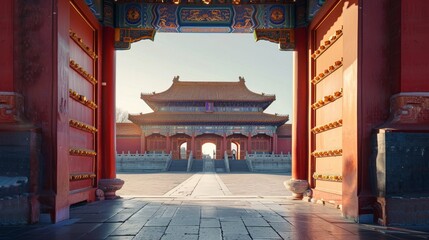 Sunlit archway to forbidden city  traditional chinese architecture in hd photography