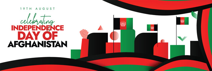 Afghanistan Independence day. Afghan independence day celebration cover banner with its flags, abstract art, hand fists in air, in flag colours. The country gained freedom on 1919 from Great Britain.