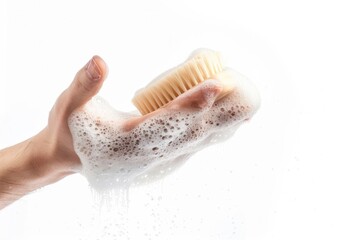 Fototapeta premium Hand Cleaning Concept. Person Cleaning Their Hand with Soap and Brush on White Background