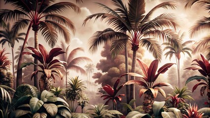 Fototapeta premium Floral pattern with tropical flowers and leaves on a dark background. Design templates for textiles, interior, clothing, wallpaper.