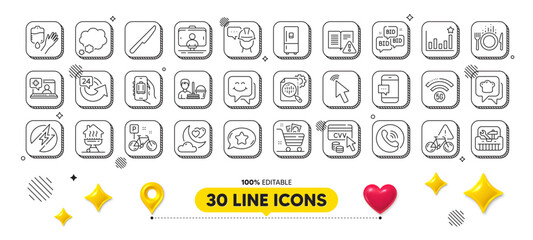 Baggage app, Food and Home grill line icons pack. 3d design elements. Refrigerator, Table knife, Love night web icon. Cooking hat, Efficacy, Medical help pictogram. Vector