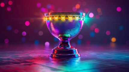 A futuristic 3D illustration of a holographic trophy, floating in the air and changing colors, representing the integration of technology and celebration.