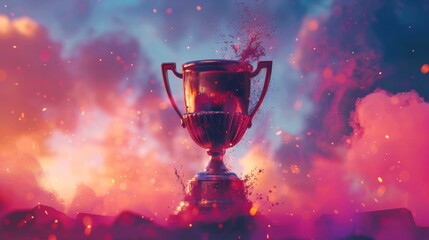 A dynamic 3D rendering of a trophy being lifted triumphantly into the air, symbolizing victory and recognition.