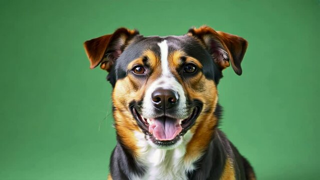 studio headshot portrait of brown white and black medium mixed breed dog smiling against a green background