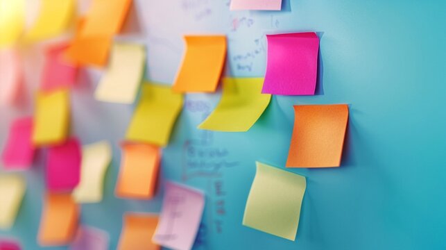 Ideas, creative brainstorming session with colorful sticky notes, innovative concepts