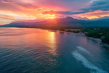 Fototapeta premium landscape of mountains and sea with beautiful sunset, panoramic view