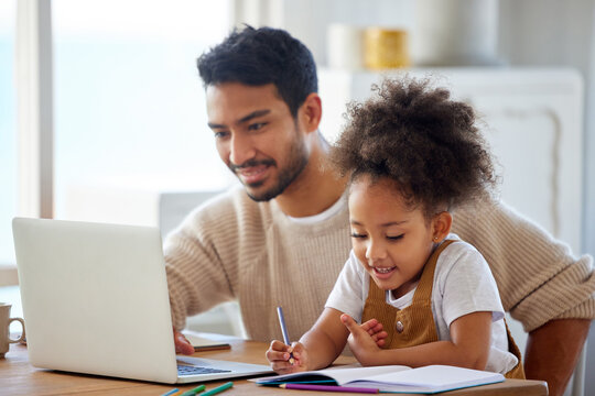 Father, child and laptop with homework in home for learning, education or homeschool lesson with remote work. People, dad or daughter with support for study activity, writing or sketch in dining room