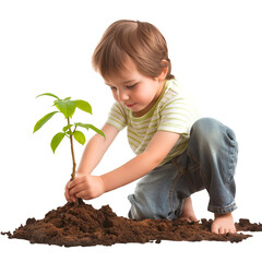A little boy planting a tree.