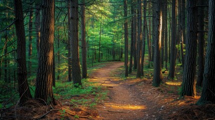 Obraz premium Sunlight Filtering Through Trees in a Forest.