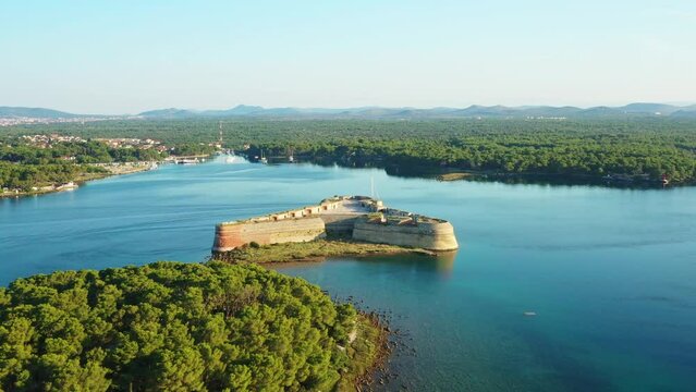 Adriatic seascape, Saint Nicholas fortress in Sibenik bay entrance, Dalmatia, Croatia