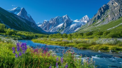 Majestic Mountain Landscape with Stream and Wildflowers.