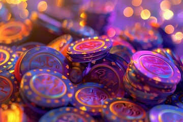 Pile of colorful casino chips is glittering under party lights