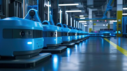 Obraz premium Advanced blue Industrial Robot Arms Assemble EV Battery Pack on Automated Production Line. Row of Robotic Arms inside Automotive Plant Assemble Batteries. Modern Electric Car Smart Factory