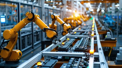 Naklejka premium Advanced blue Industrial Robot Arms Assemble EV Battery Pack on Automated Production Line. Row of Robotic Arms inside Automotive Plant Assemble Batteries. Modern Electric Car Smart Factory