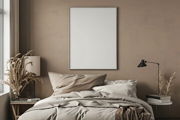 beautiful colored mockup bedroom with blank poster decoration art background image generative AI