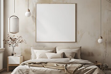 beautiful colored mockup bedroom with blank poster decoration art background image generative AI
