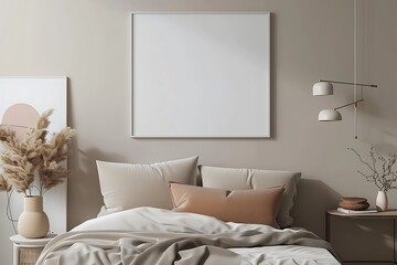 beautiful colored mockup bedroom with blank poster decoration art background image generative AI