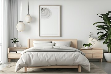 beautiful colored mockup bedroom with blank poster decoration art background image generative AI