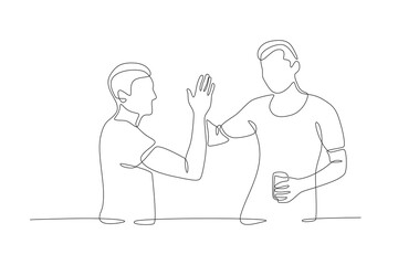 Friends high-fiving each other. Friendship day concept one-line drawing