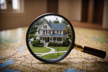 Stadtkarte mit Lupe und detaillierter Ansicht eines Einfamilienhauses.