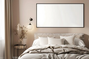 beautiful colored mockup bedroom with blank poster decoration art background image generative AI