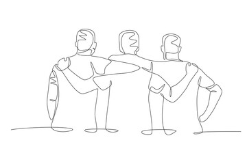 Three friends embracing each other. Friendship day concept one-line drawing
