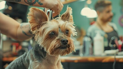 Professional groomer gives haircut to dog in hairdressing salon with professional equipment grooming