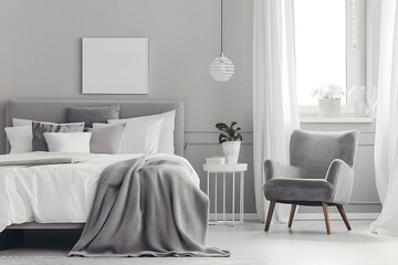 beautiful colored mockup bedroom with blank poster decoration art background image generative AI