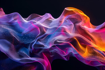 Obraz premium Floating sand-like shapes in various colors on a black background, creating an ethereal and mesmerizing visual effect.